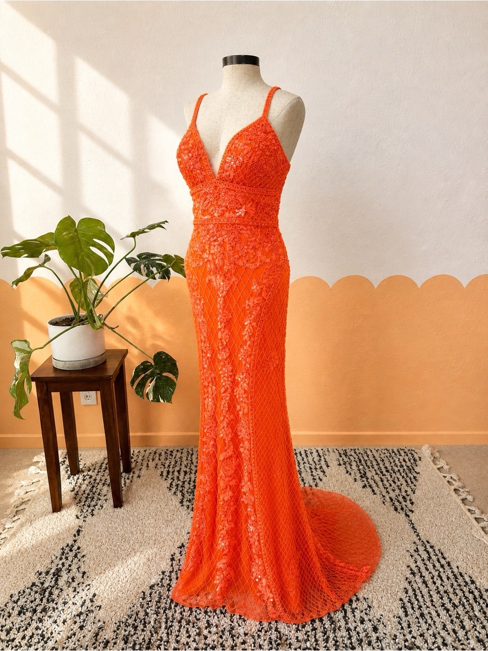Sherri Hill Orange Beaded Lace Maxi Gown